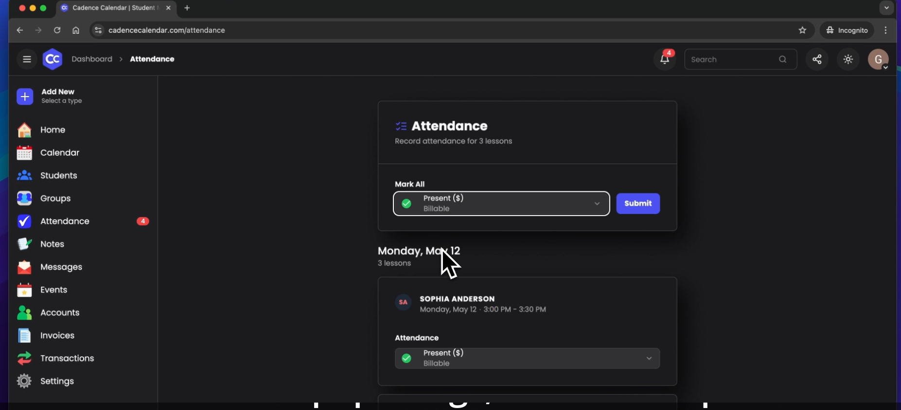 screenshot of Cadence Calendar